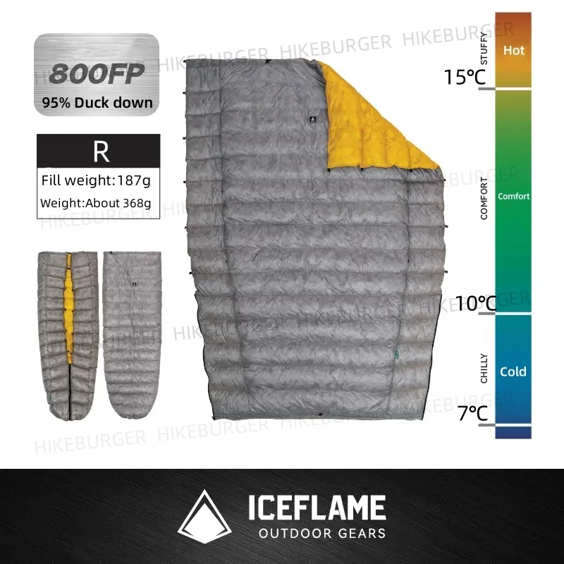 Фото Ice Flame NXT 3-сезонное летнее одеяло, снаряжение для кемпинга на открытом воздухе, спальный мешок, сверхлегкий серый утиный пух, термопоходный рюкзак №4