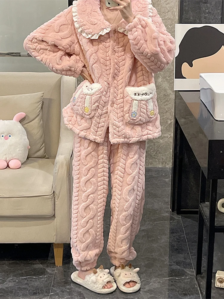 Autumn and Winter Coral Fleece Pajamas for Women Plus size Thick Warm Flannel Can Be Worn outside Spring Pink Home Wear Set