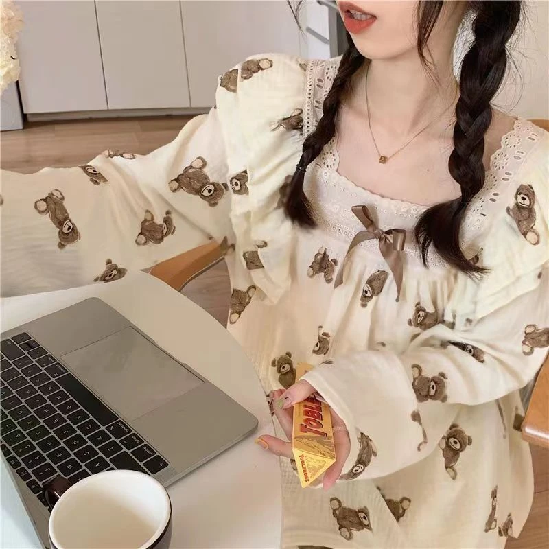 CAIYIER Korean Blue Grid Sweet Nightwear Ruffles Long Sleeve Trousers Winter Pajamas Set Elastic Waist Women Casual Homewear