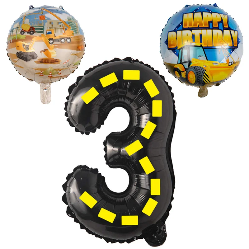 

3pcs/set Excavator Birthday Balloon 32inch Number 1 2 3 4 5 6 7 8 9 with 18inch Happy Birthday Ballon Construction Theme Party