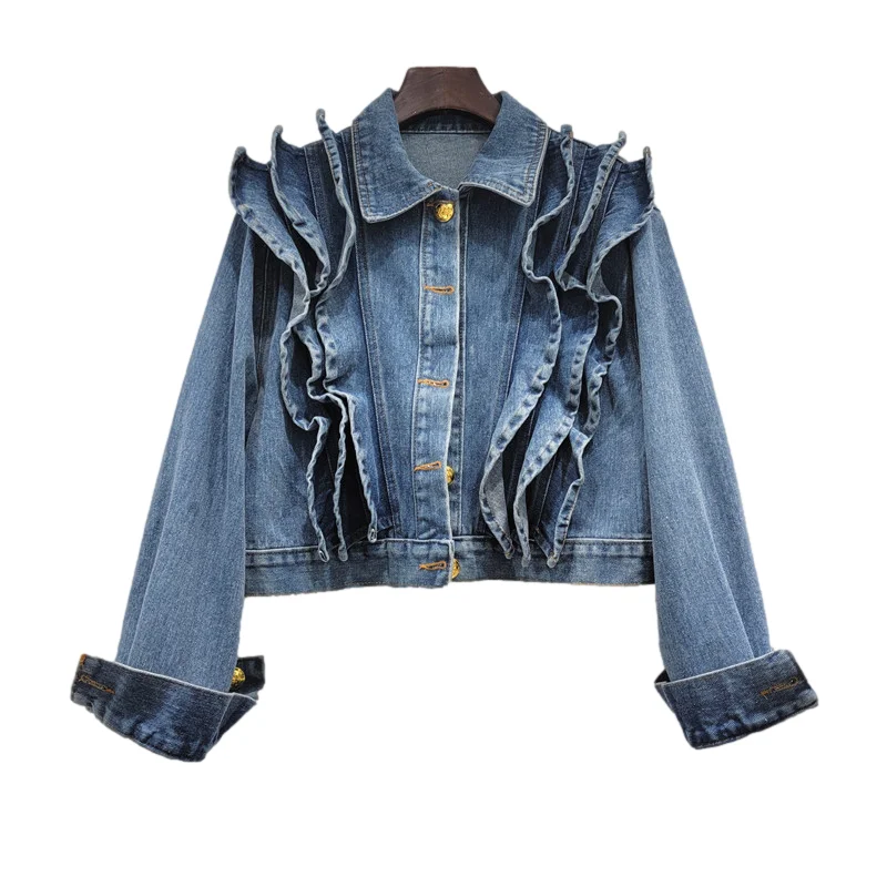 

Korean Vintage Blue Ruffles Denim Jacket Women Loose Short Student Cowboy Outerwear Autumn New Casual Jeans Jacket Coat Female