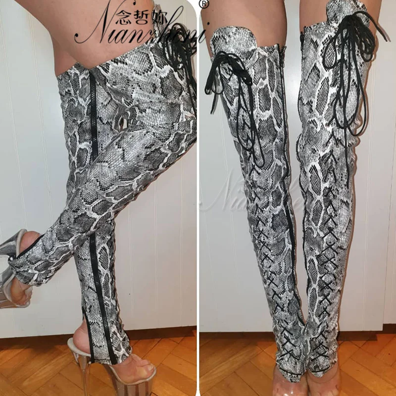 Змеиная кожа съемная 20 см каблуки шнурки коленные сапоги 8 дюймов открытые пальцы