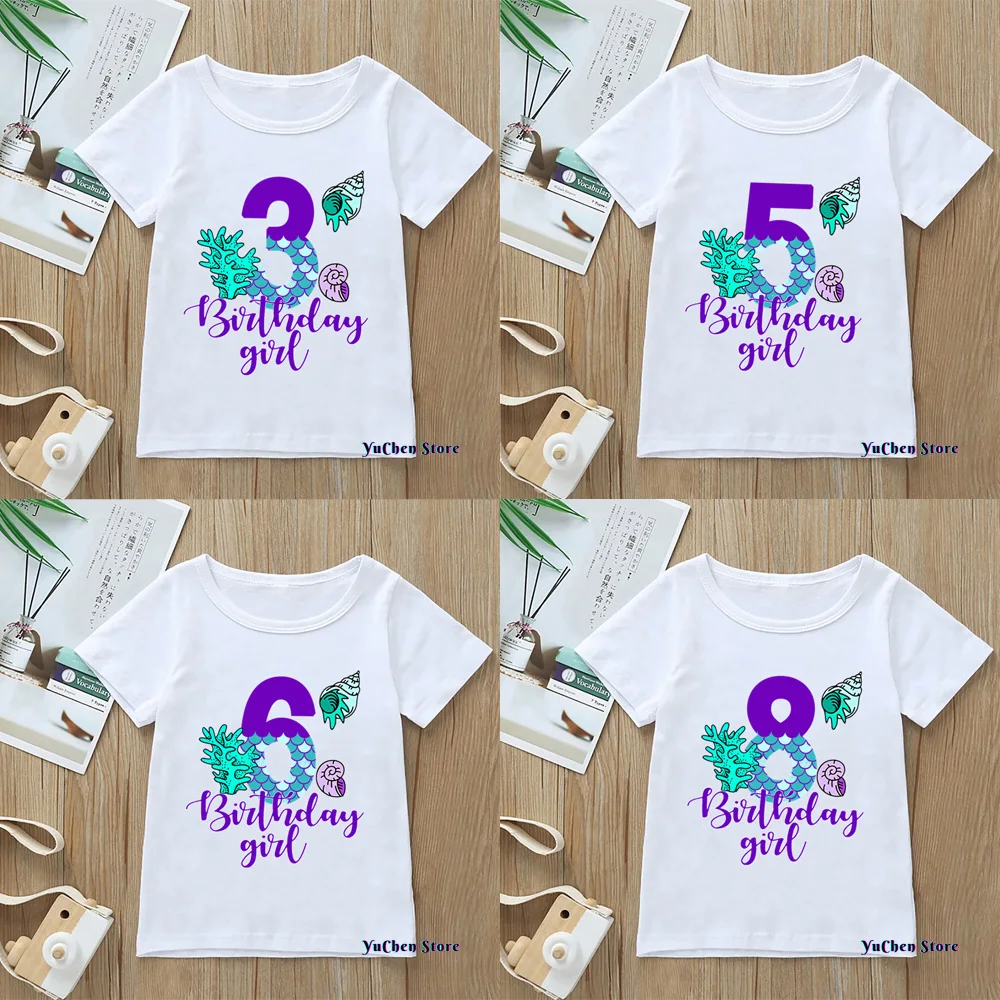 

2022 New Age 1-9 Birthday Girls Tshirt Cute Mermaid Graphic Print T-shirt Children's Clothing Tees Fashion Kawaii Clothes Tops