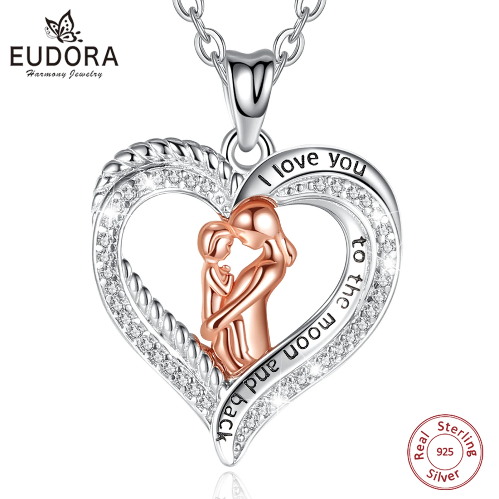 

Ожерелье EUDORA из стерлингового серебра 925 пробы для мамы и ребенка, розовое золото, кулон в виде сердца с кристаллами, хорошее ювелирное изделие для подарка на День Матери