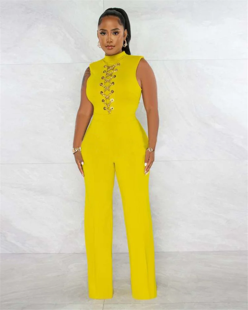 Solid Chain with Belt Casual Jumpsuit for Women Elegant Sleeveless Wide Leg Romper Streetwear Sporty Jogger Overalls Wholesales