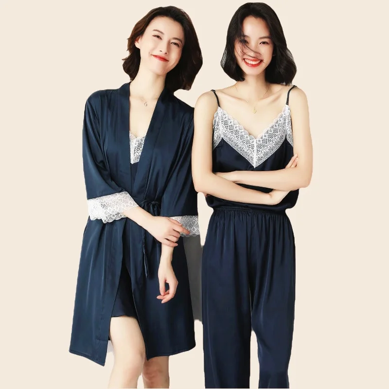 Women's Pajamas Set Full Sleeve Belt Robe Vest Shorts Pants Sexy Lace Print Pyjama V-Neck Homewear Cozy Fashion Sleepwear Set