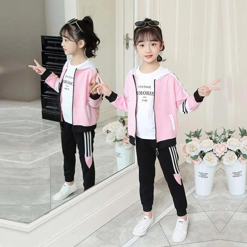 4-12 year old girls spring and autumn sports two-piece fashion color matching hooded top coat + pants Korean children's clothing