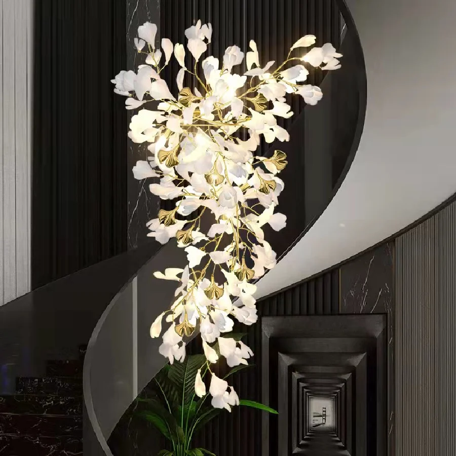

Luxury Ceramic Chandelier for Living Dining Room Ginkgo Branch Leaves Pendant Light Modern Copper Art Villa Study Bedroom Lamp