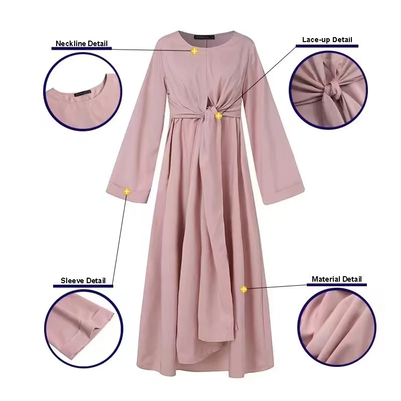 Wepbel Middle East Islamic Clothing Abaya Women Arabic Dress Robe Kaftan Solid Color Long Tie Girdle Muslim Ramadan Wear Robe