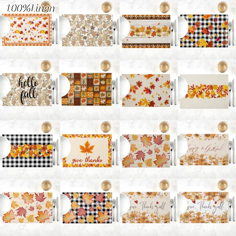 

Popular linen thanksgiving maple leaf Printed table place mat pad Cloth placemat cup dining tea coaster dish doily kitchen