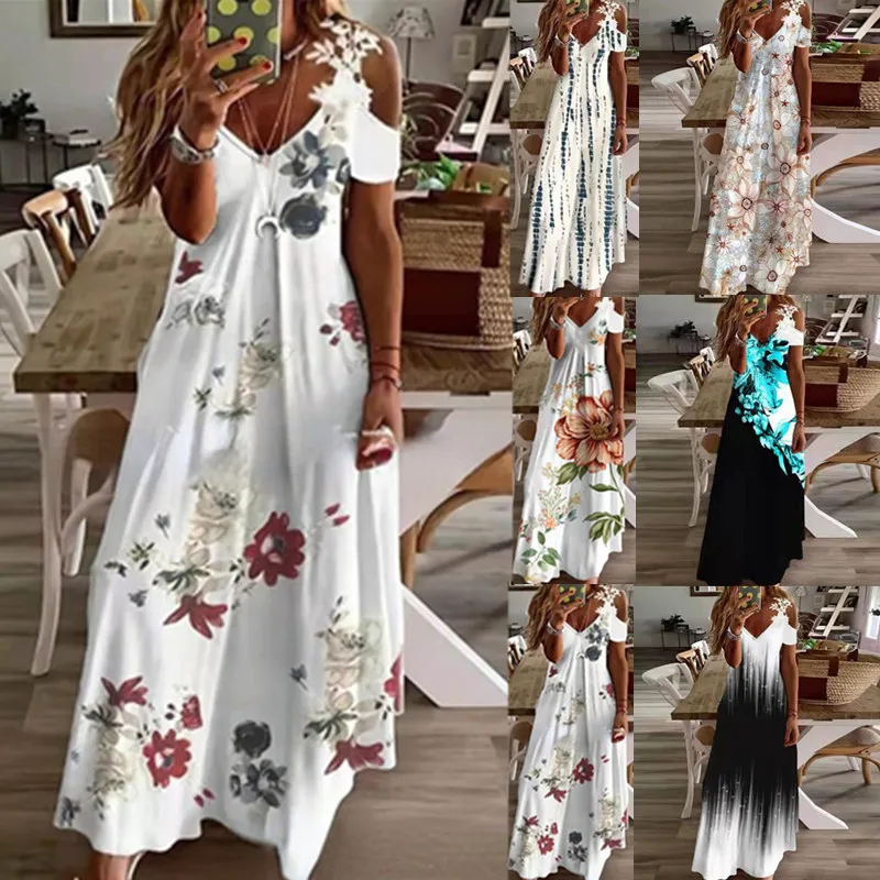 

Женское Повседневное платье с цветочным принтом, кружевное длинное платье с коротким рукавом, открытыми плечами и V-образным вырезом, летнее свободное платье-трапеция в стиле бохо, пляжная одежда