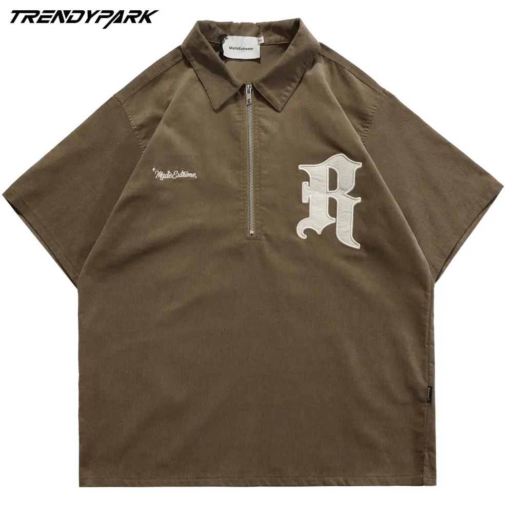 

Мужская Вельветовая рубашка-поло, повседневная Вельветовая рубашка оверсайз с отложным воротником и короткими рукавами, уличная одежда в с...