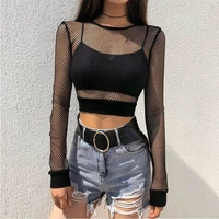 sexy black hollow out mesh t shirt female skinny crop top 2022 new fashion summer basic tops for women fishnet shirt
