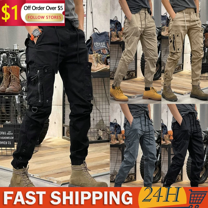 

Big Pockets Cargo Pants Mens Elastic High Waist Loose Streetwear Summer Pant Baggy Tactical Trouser Hip Hop Joggers Pants