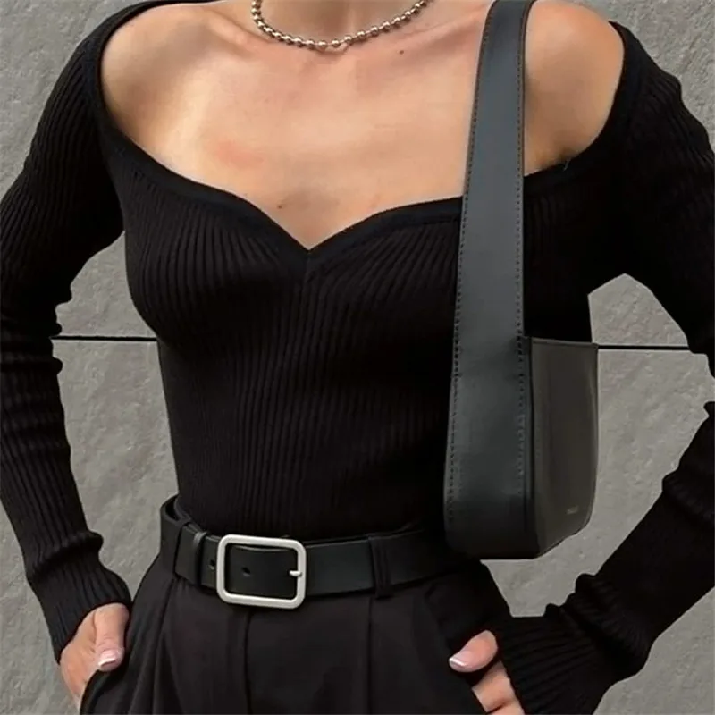 

Сексуальный черный вязаный свитер с открытыми плечами Y2k, Женский Осенний базовый Приталенный джемпер, трикотаж, вязаные свитеры, корейский...