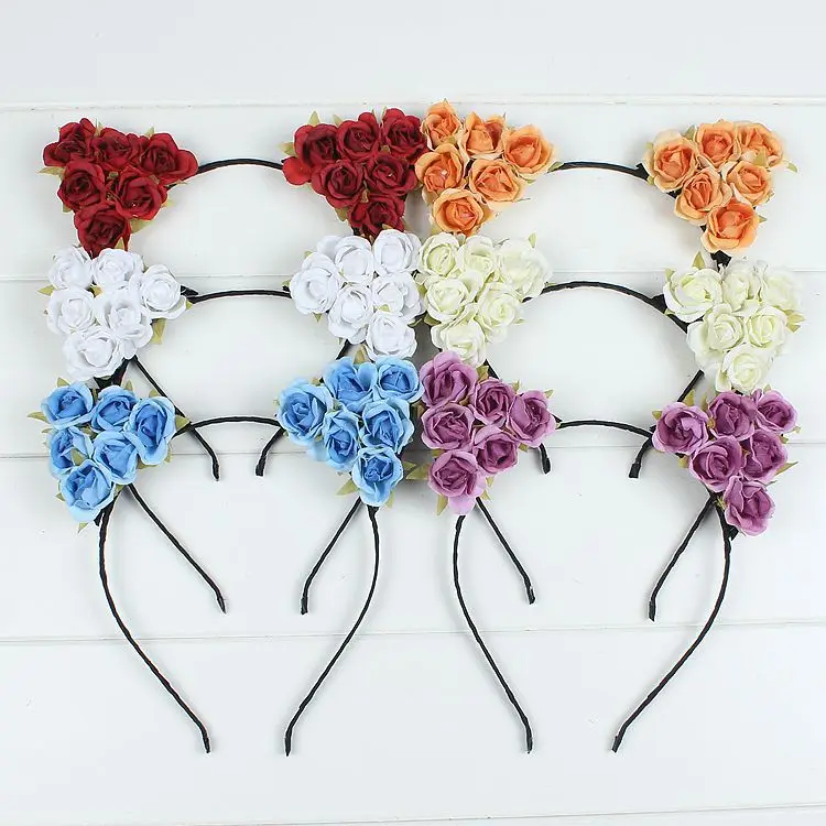 

10pcs Cat Ears Hairband Rose Flowers Girls Floral Woman Costume Accessries Hoop Headwear Party Fashion Gift Decor Hair Band