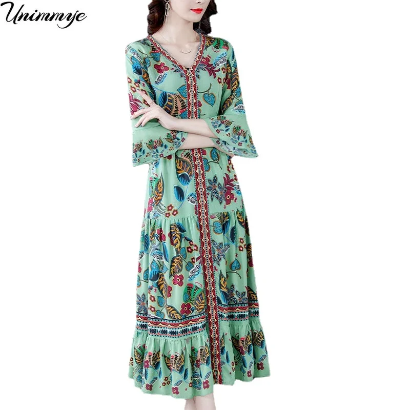 

2022 Loose Casual Print Mulberry Silk Maxi Dress Summer Vintage 4XL Plus Size Dress Women Elegant Bodycon Party Vestidos J424