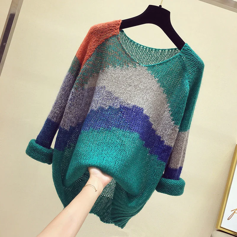 

Color-block Striped Knit Sweater Women's Fashion Long-sleeve Thin Section Loose Hollow Lazy Pullover Ladies Spring Harajuku 2022