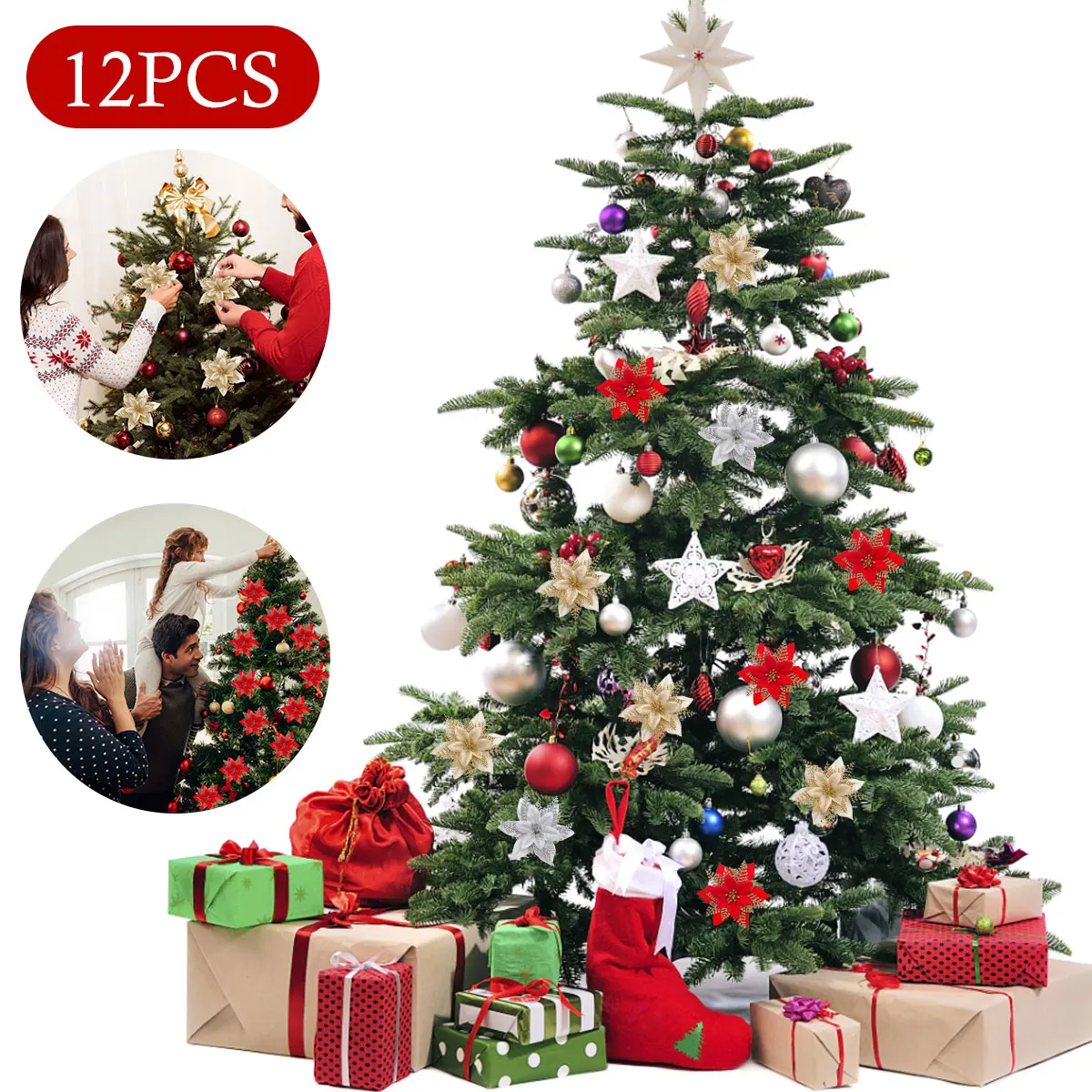 

12Pcs Christmas Flower Christmas Tree Decorative Flower Reusable Glitter Artificial Poinsettia Flower Plastic Xmas Tree Flower