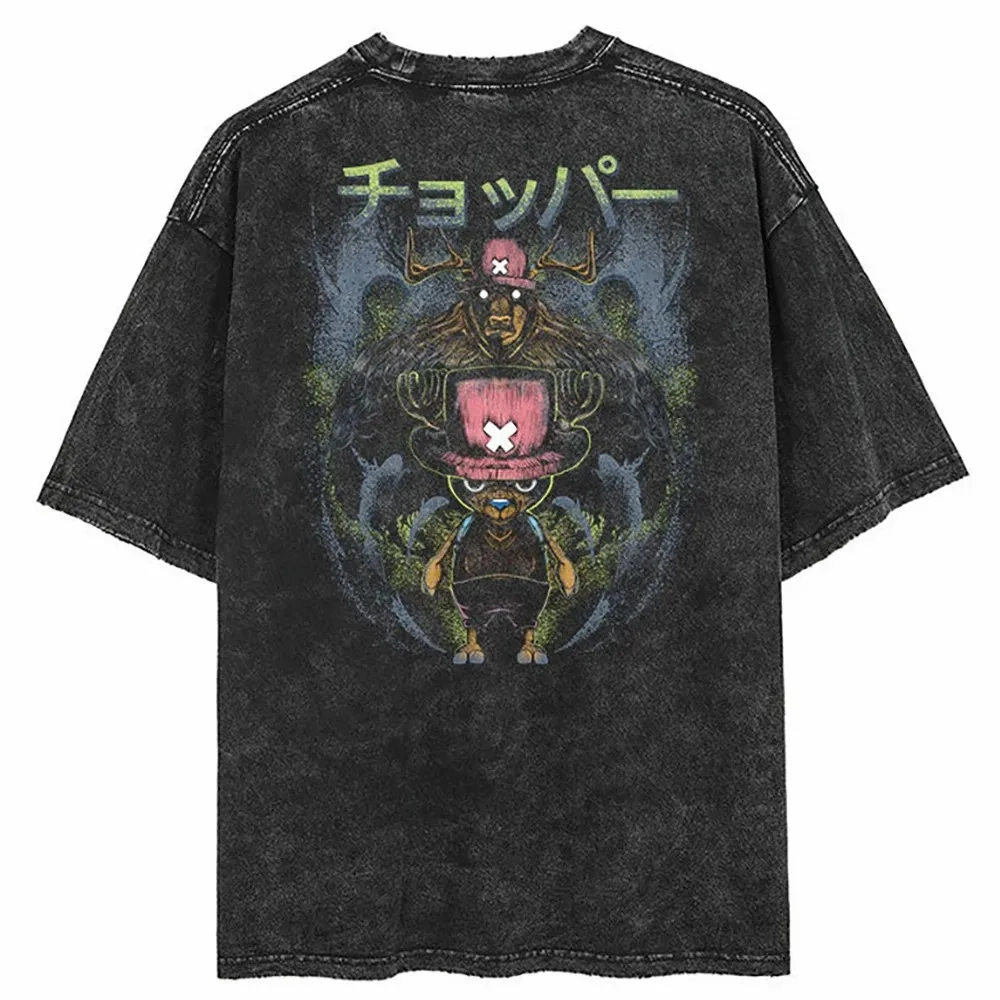 Retro Distressed Washed Pure Cotton T-shirt Japan fashion Anime Short sleeve Men and Women Sea King Luffy ...