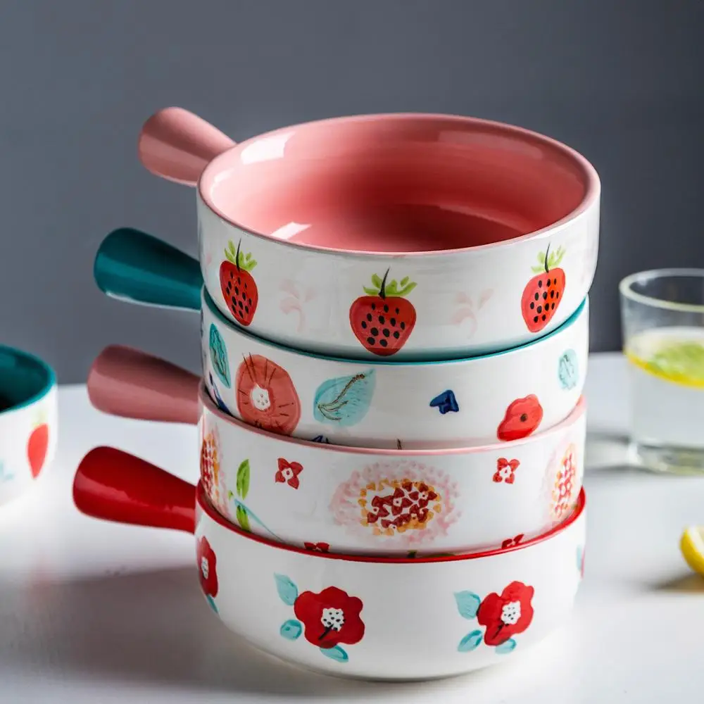 

570ml Ceramic Glaze Baking Bowl With Handle French Onion Soup Salad Bowl Roasting Lasagna Pan Round Bakeware