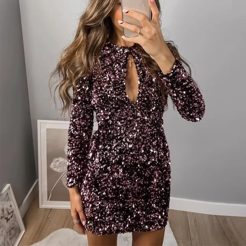 

Elegant O Neck Hollow Out Mini Dress Autumn Sequin Backless Long Sleeve Party Dress Sexy Halter Lace-up Hip Wrap Nightclub Dress