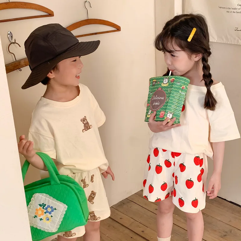 

2022 Summer New Children Casual Clothes Set Cute Bear Print Boys T Shirt + Shorts Suit Cotton Baby Girls Short Sleeve 2pcs Set