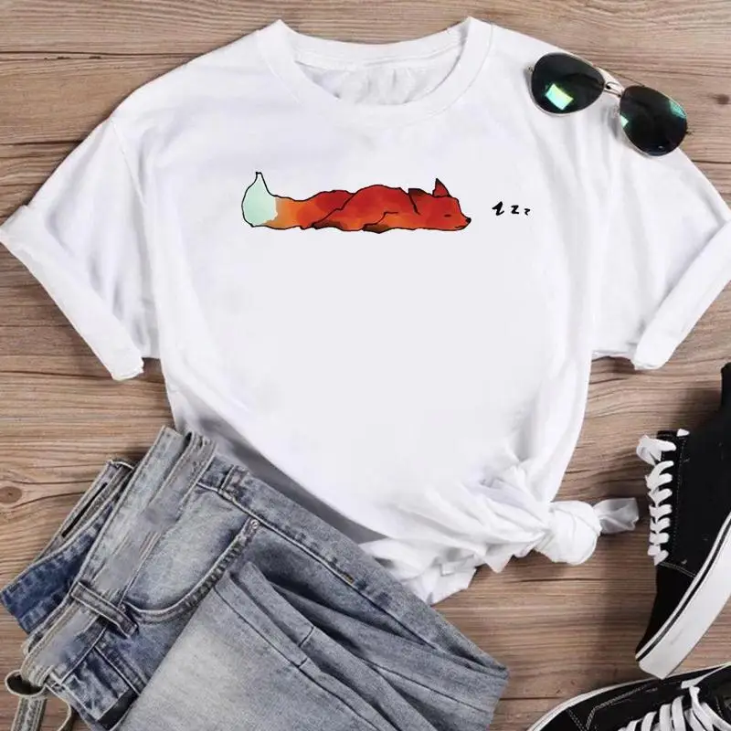 

Short Sleeve Women Fashion Cartoon Summer Shirt Print Watercolor Sleep Animal Wild T-shirts Female Graphic T Top Tee T-Shirt