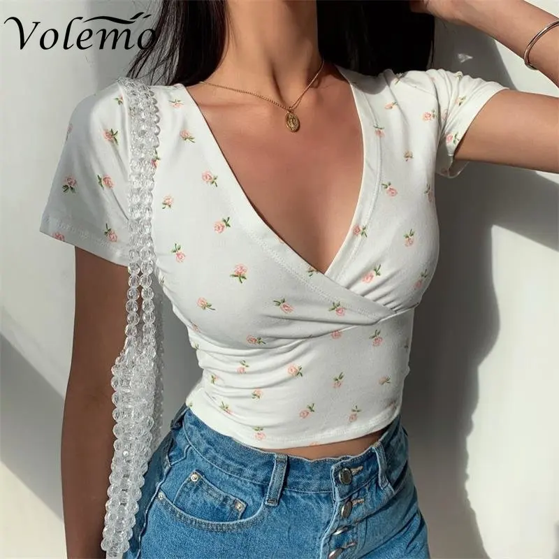 

Y2K Vintage Floral Cross Crop Top T-shirt Women Cropped Slim Short Sleeve V-neck Sexy Summer Clothes Tee Shirt Femme Woman Tops