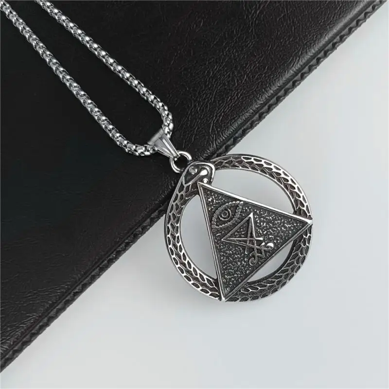 

Vintage Lucifer Ouroboros Necklace Men's Viking Satan Round Stainless Steel Pendant Necklace Amulet Jewelry Gift Wholesale