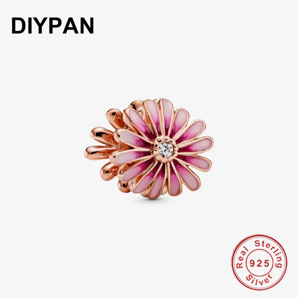 

Pink Daisy Flower Charm Beads Fit Original Charms Bracelet 925 Sterling Silver Beads Jewelry Berloque