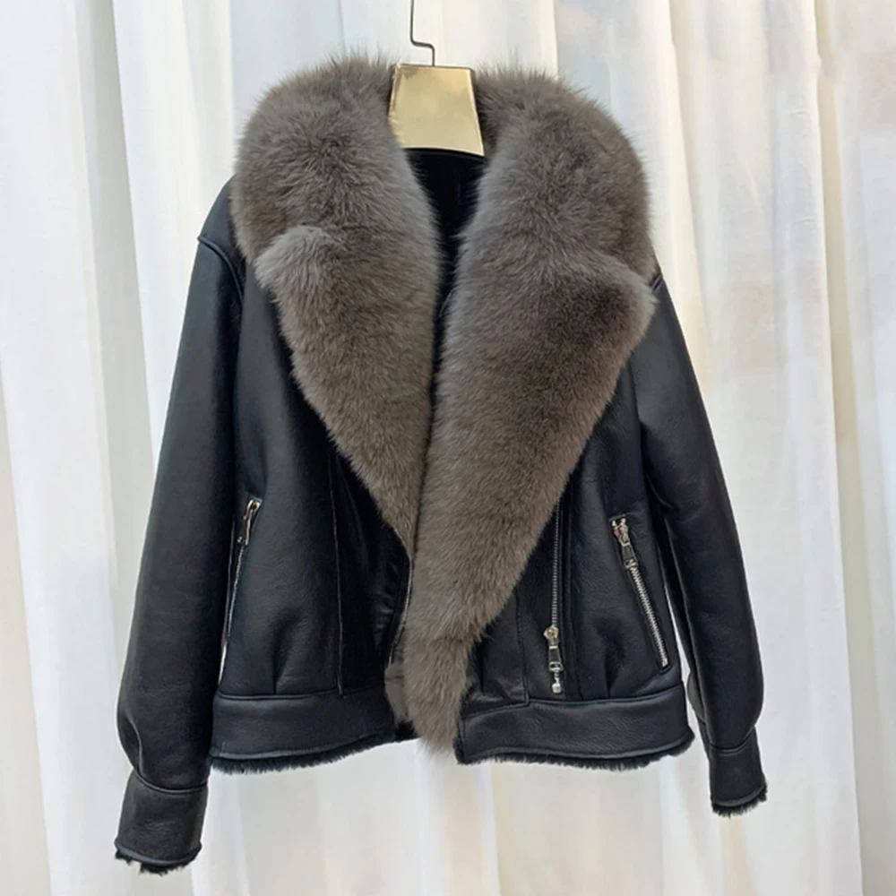 2022 New Lady Leather Jacket Big Real Fox Fur Collar Shearing Coats Lamb Fur Lining Winter Warm Genuine Sheepskin Overcoats 8608