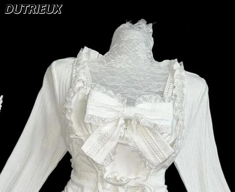 Японский готический стиль сладкий топ с бантом подтяжки и рюшами кружевной