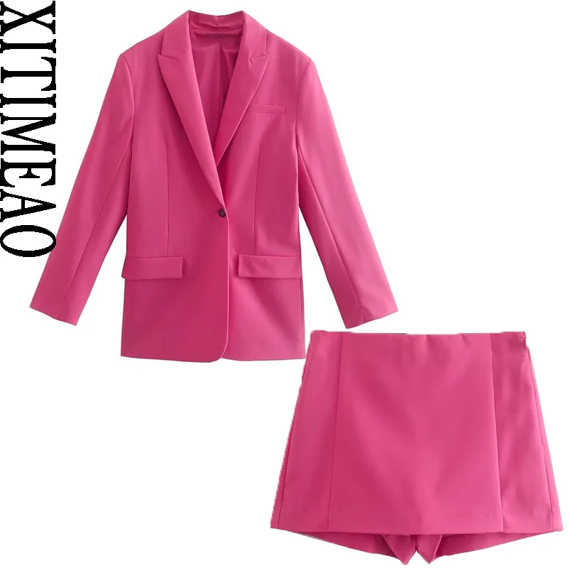 

Xitimeao Women Fashion One Button Boyfriend Coat Vintage Long Sleeve Flap Pockets Female Outerwear And High Waist Shorts Skirt