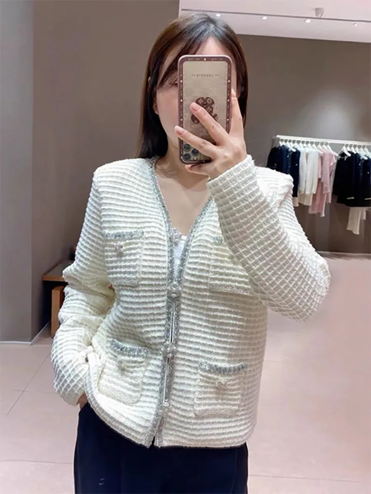 Ранняя весна 2025 г. женский вязаный кардиган цвета слоновой кости с вафельным