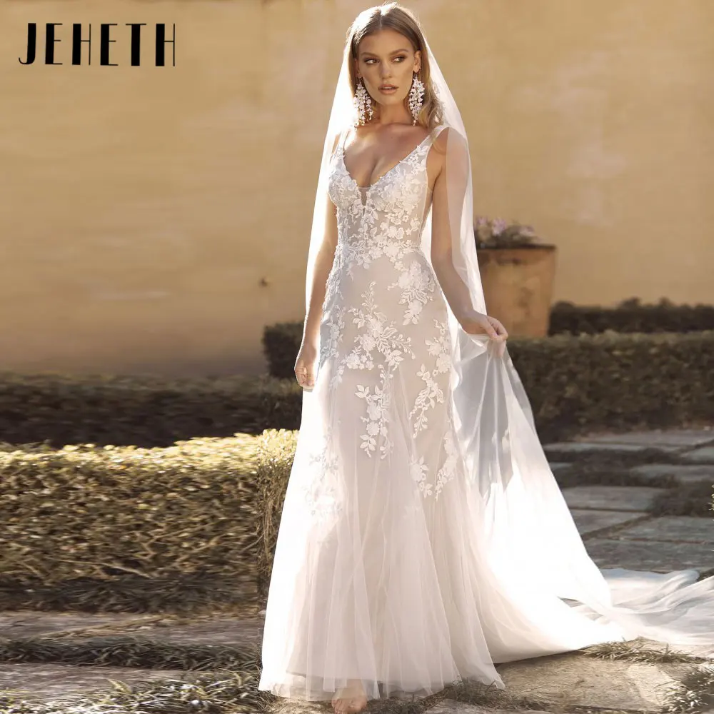 

JEHETH Elegant Tulle Applique Bridal Gowns Charming V-Neck Spaghetti Strap Wedding Dress Sleeveless Vestido De Novia Custom Made