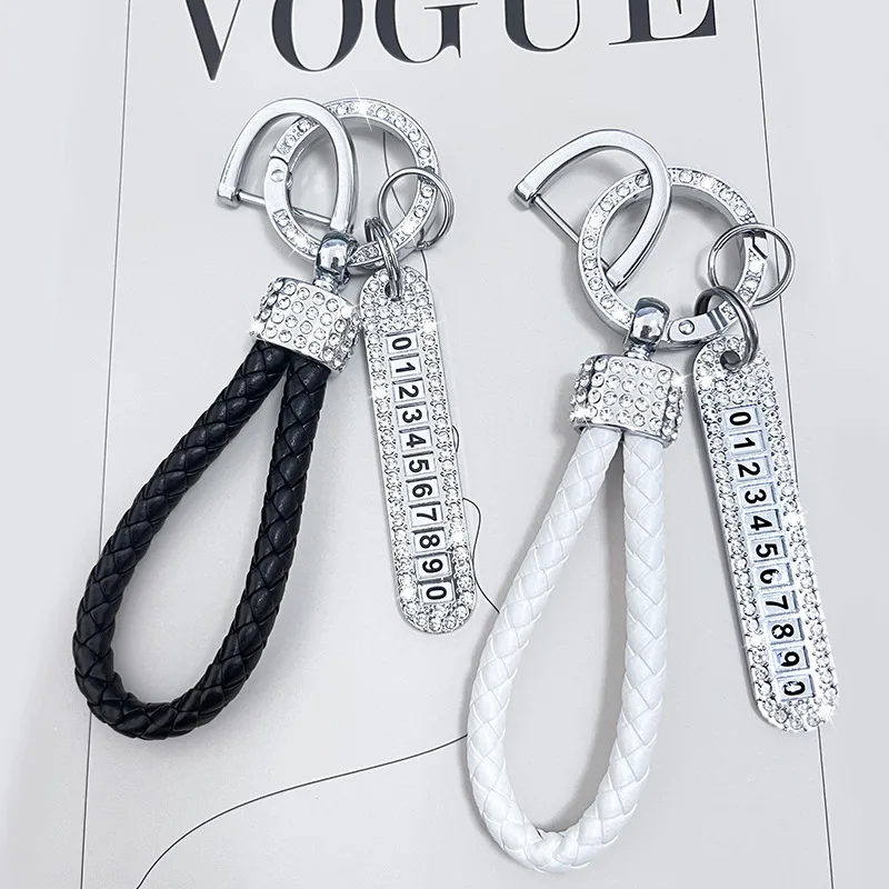 

1 Pcs Crystal Anti-lost Luxury Leather Keychain Women Men Gold Silver Buckle Car Key Ring Chain Holder Phone Number Tag Keyring
