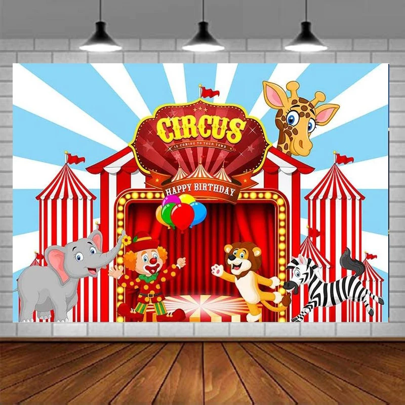 

Photography Backdrop Circus Photo Studio Booth Background Red Stripes Animals Carnival Kids Happy Birthday Party Decor Banner