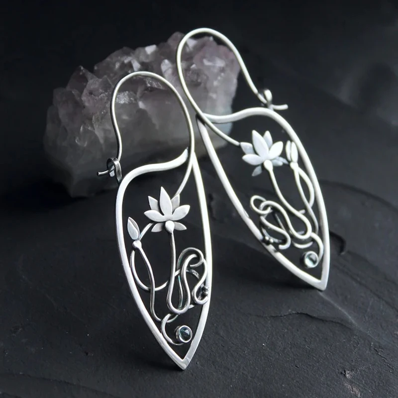 

Vintage Openwork Lotus Flower Earrings For Women Earrings Statement Wedding Jewelry Silver Color Fashion Women Hoop Earrings