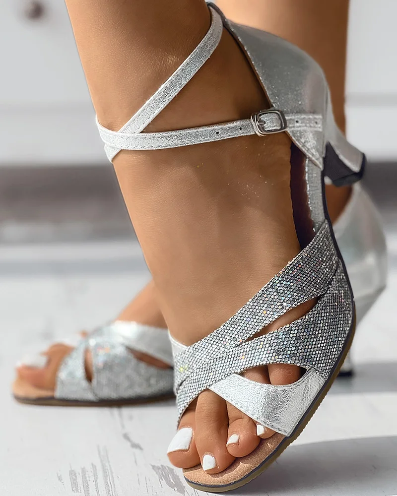 Women Casual Fashion Summer Party Club Wear Ankle Strap Contrast Sequin Latin Dance Heels