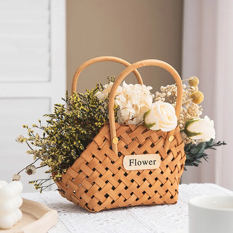 

Handmade Wicker Woven Basket for Decor Flower Hand-Held Wicker Decorative Picnic Storage Baskets for Home Tableware Organizer