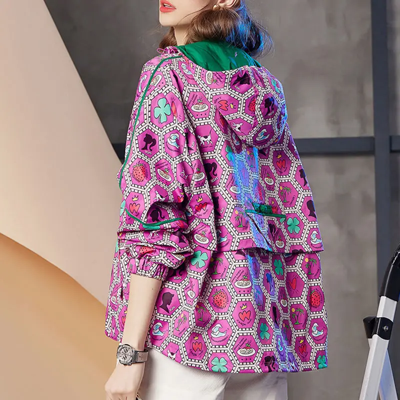 Hooded Jacket For Women In Spring And Summer 2022 New Fashion Color Matching Printed Top Trend