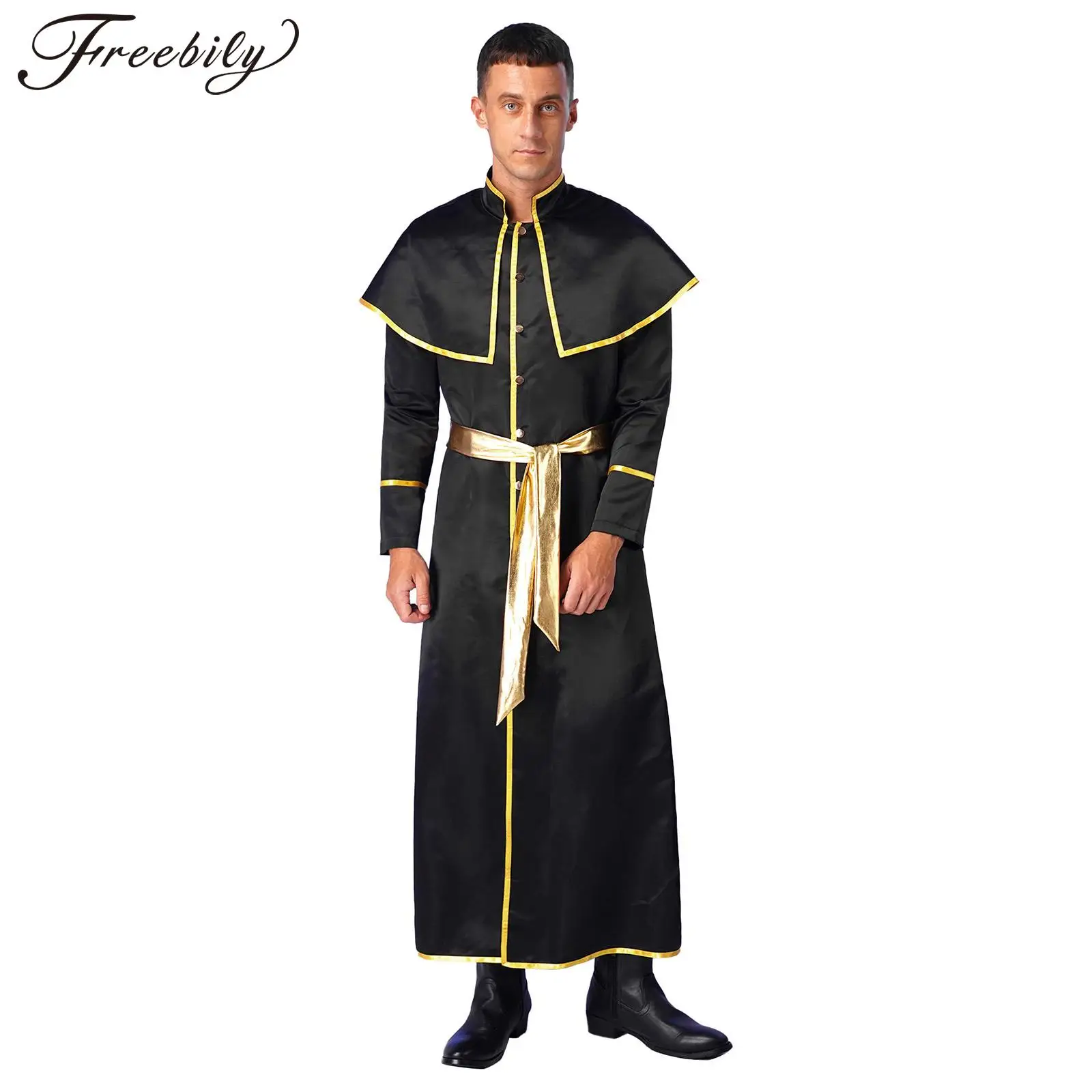 

Adult Black Noble Priest Costume Men Religious Pastor Father Costumes Halloween Purim Party Mardi Gras Fancy Dress