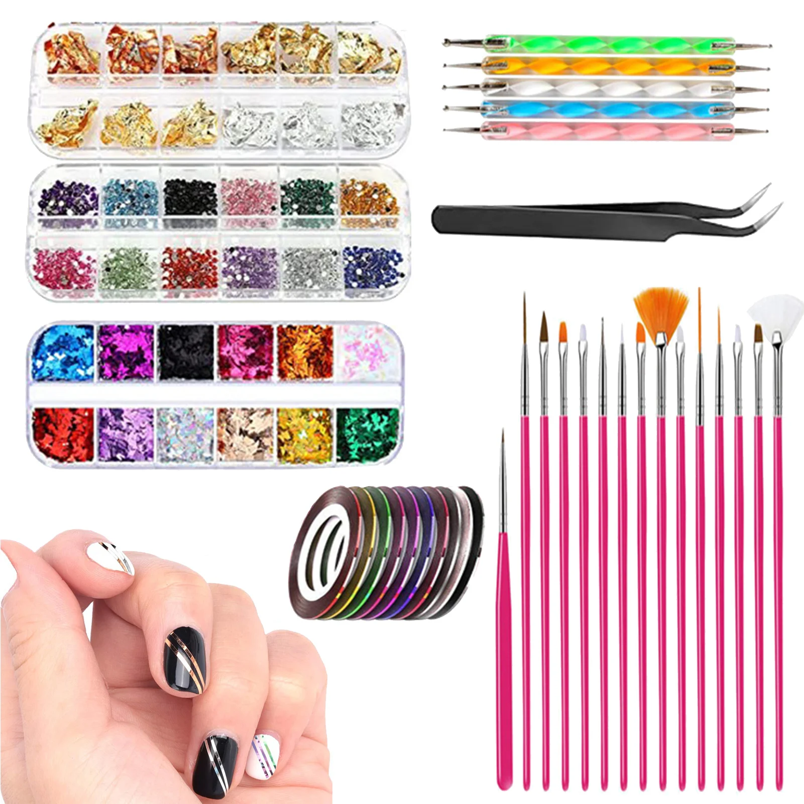 

Nail Design Kit Nail Art Tools With Nail Painting Brush Nail Dotting Tool Nail Powder Nail Art Sticker For Nails Decoration
