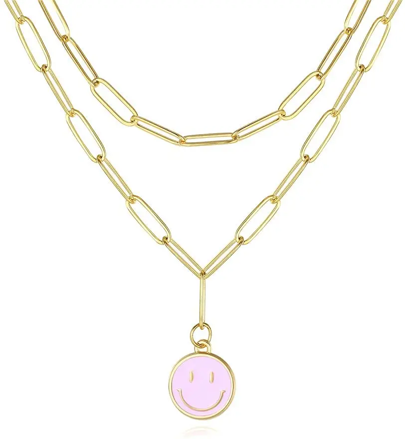 

Smiley Face Necklaces for Women Gold Stainless Steel Paperclip Chain Simple Round Smile Necklace for Girl