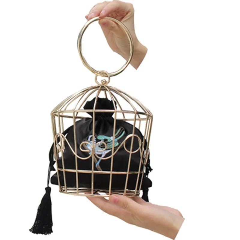 

New women's bird cage evening clutch bag metal border embroidery bucket bird cage mini bag ladies gold handbags catwalk package