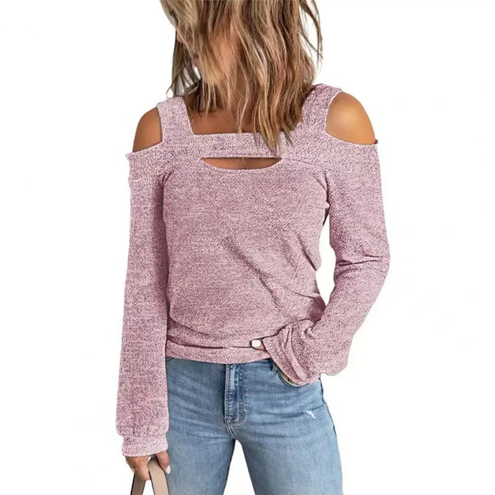 

Square Collar Long Sleeve Stretchy Women Blouse Spring Autumn Casual Solid Color Cold Shoulder Vintage Blouse Office Lady