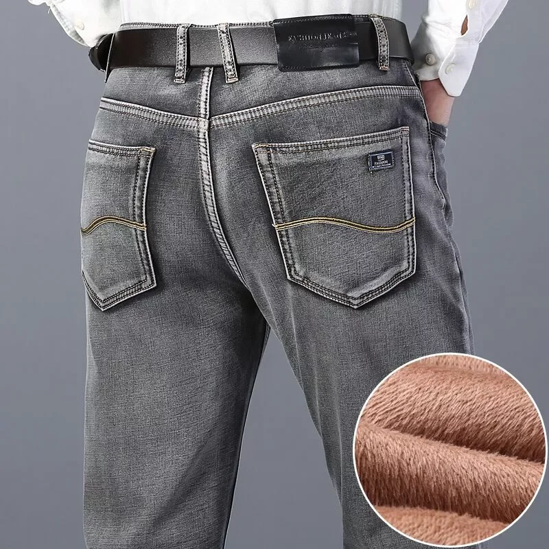 

2022New Men's Warm Thick Gray Jeans Business Fashion Regular Fit Denim Trousers Fleece Stretch Pants Male Brand High Quality