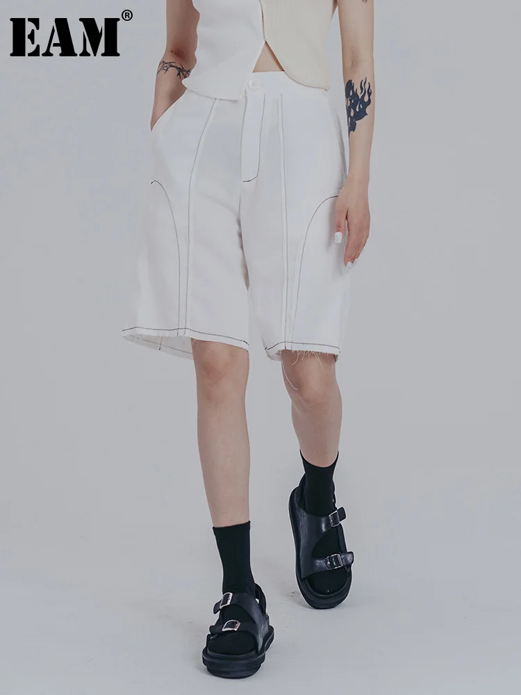 

[EAM] High Elastic Waist White Topstitched Knee Length Trousers New Loose Fit Pants Women Fashion Spring Summer 2023 1DE9310