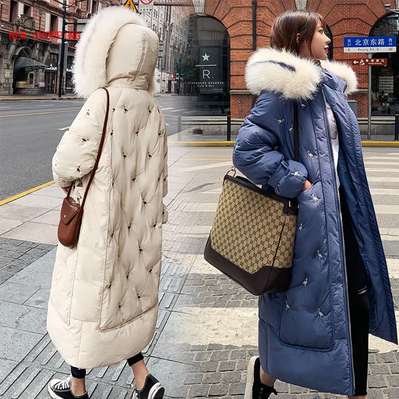 Chic Fur Coat Hooded Winter Down Coat Warm Jacket Long Women Thicken Cotton Padded Parkas Embroidered Female Jacket Plus Size